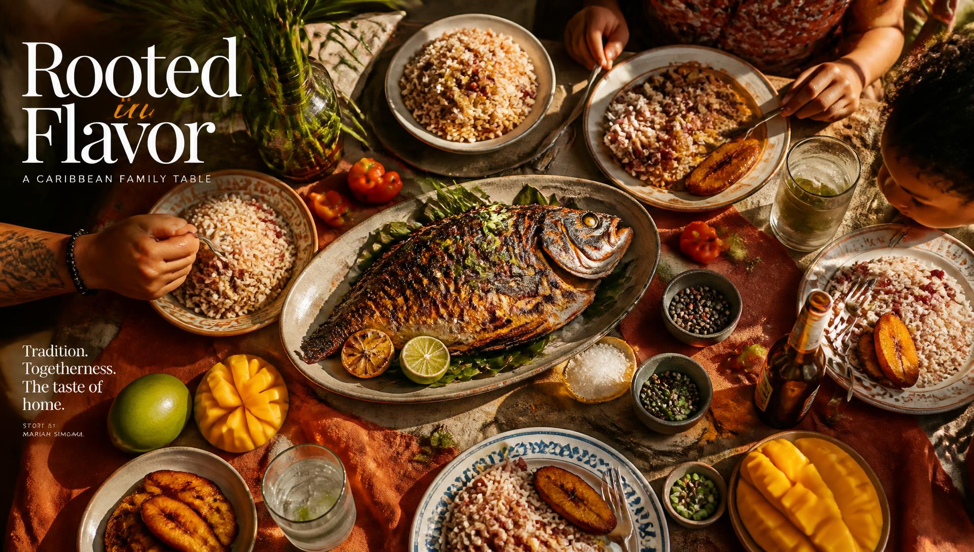 A Caribbean family table with grilled fish, rice and peas, plantain and mango