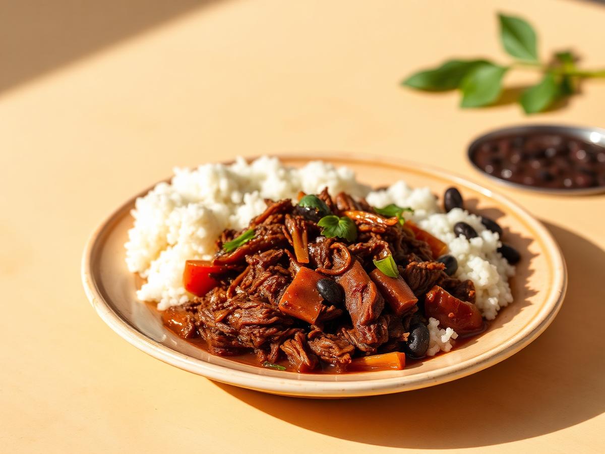 Cuban ropa vieja shredded beef with rice and black beans